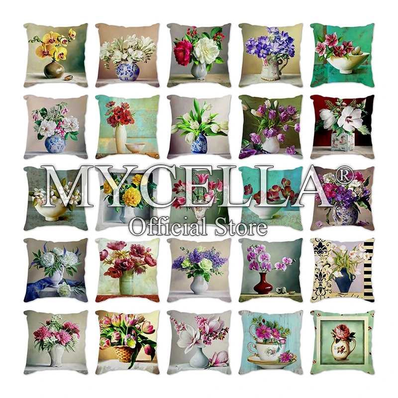 

tulip orchid lavender 45x45cm Home Decorative Pillow Almofada Cojines High Quality Linen Cotton vase Pillow Flowers Cushion