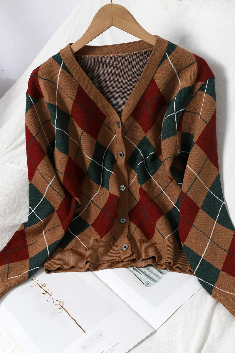 

Color Matching Plaid Cardigan Showing Thin Temperament In Spring Sweater Versatile V-neck Knitted Top For Women