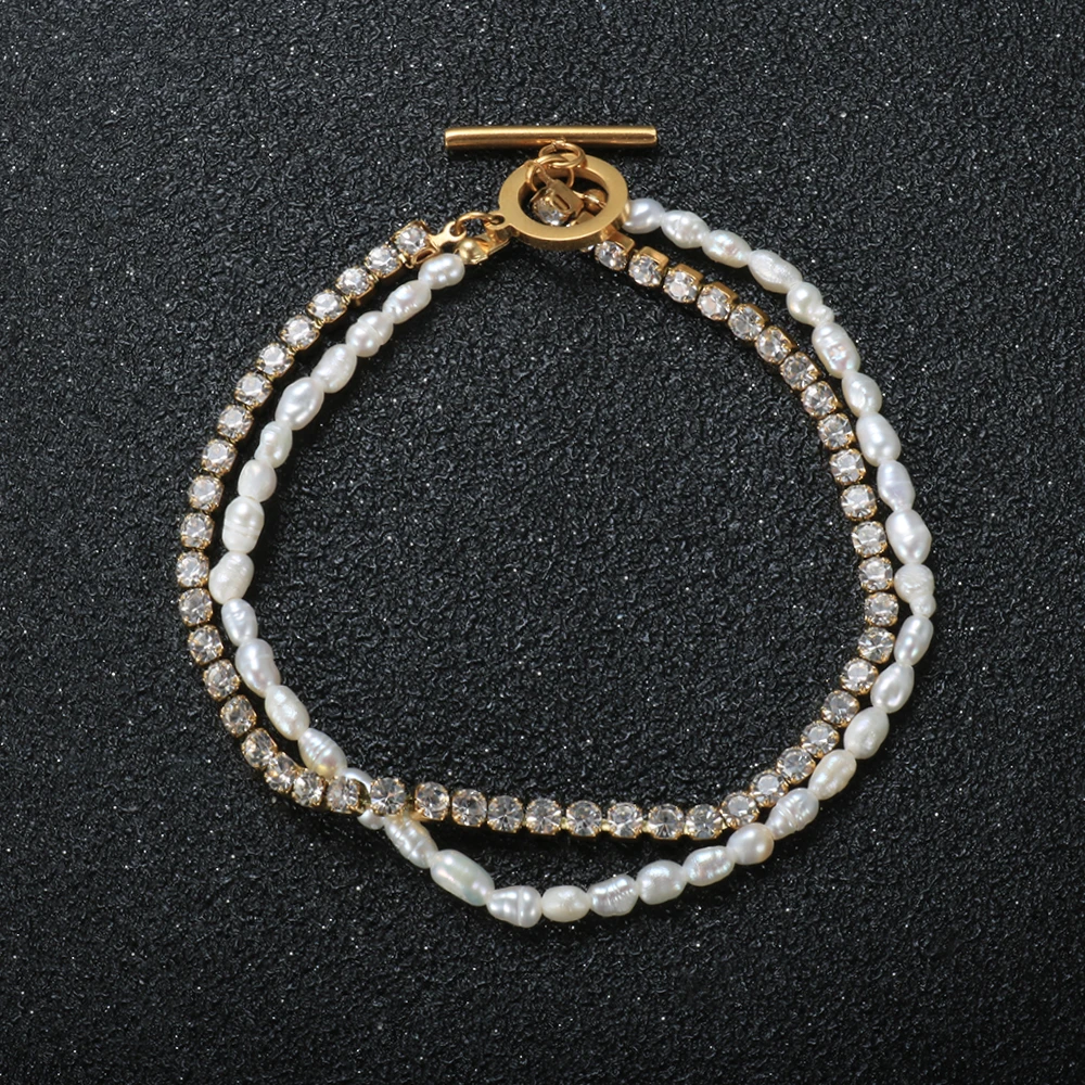 

Double Layer Freshwater Natural Pearl Moonstone Bracelets For Women Gift Party Titanium Steel Fashion Zircon Chain Jewerlly New