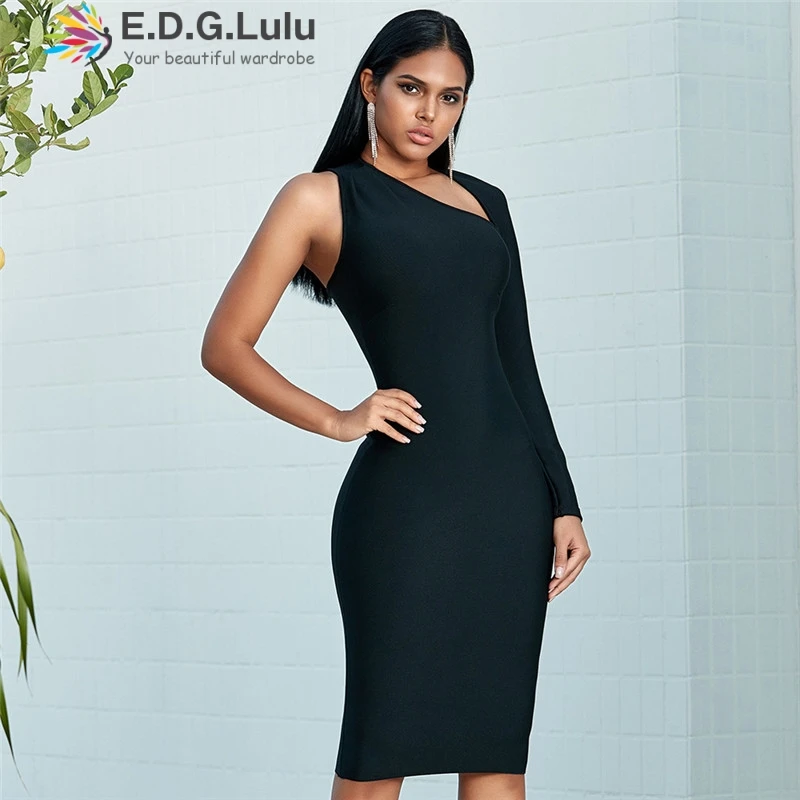 

EDGLuLu Women Summer Bodycon Bandage Dress Sexy Elegant Black One Shoulder Long Sleeve Mini Celebrity Party Dress 0806