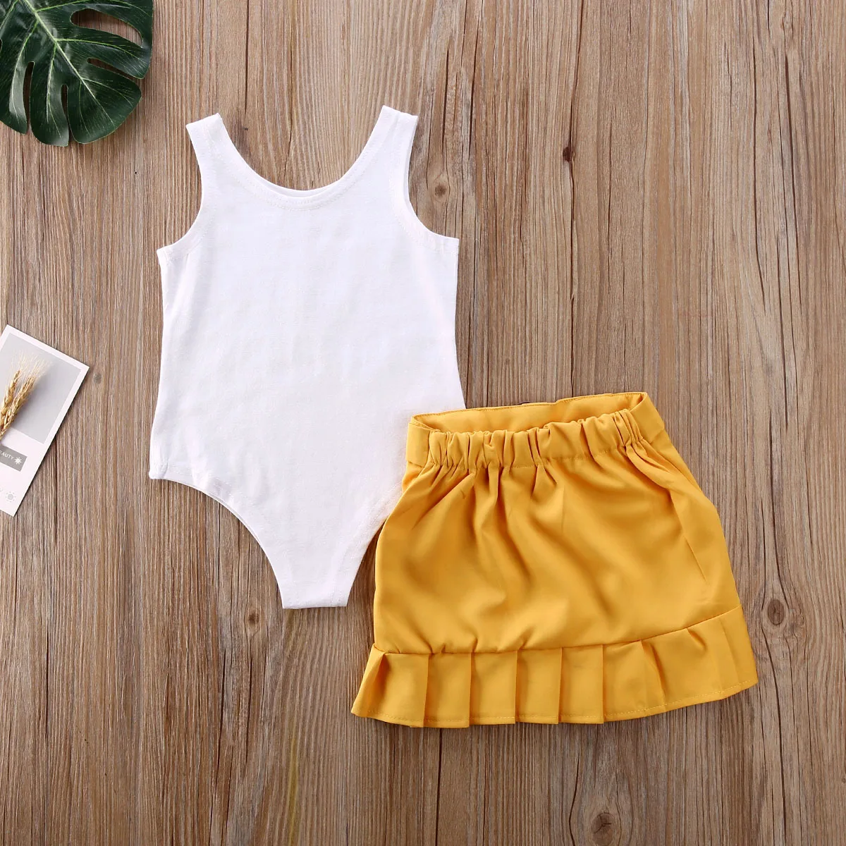 2PCS Toddler Kids Baby Girl Clothes Sets Sleeveless Solid Vest Romper Yellow Pleated Skirt Summer Outfit Set