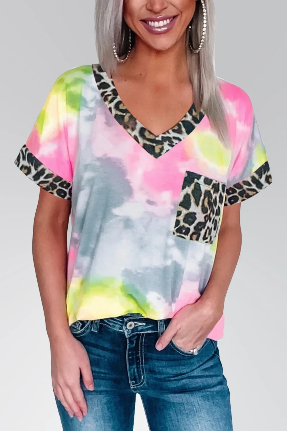 Женская футболка с леопардовым принтом Повседневная v-образным вырезом и