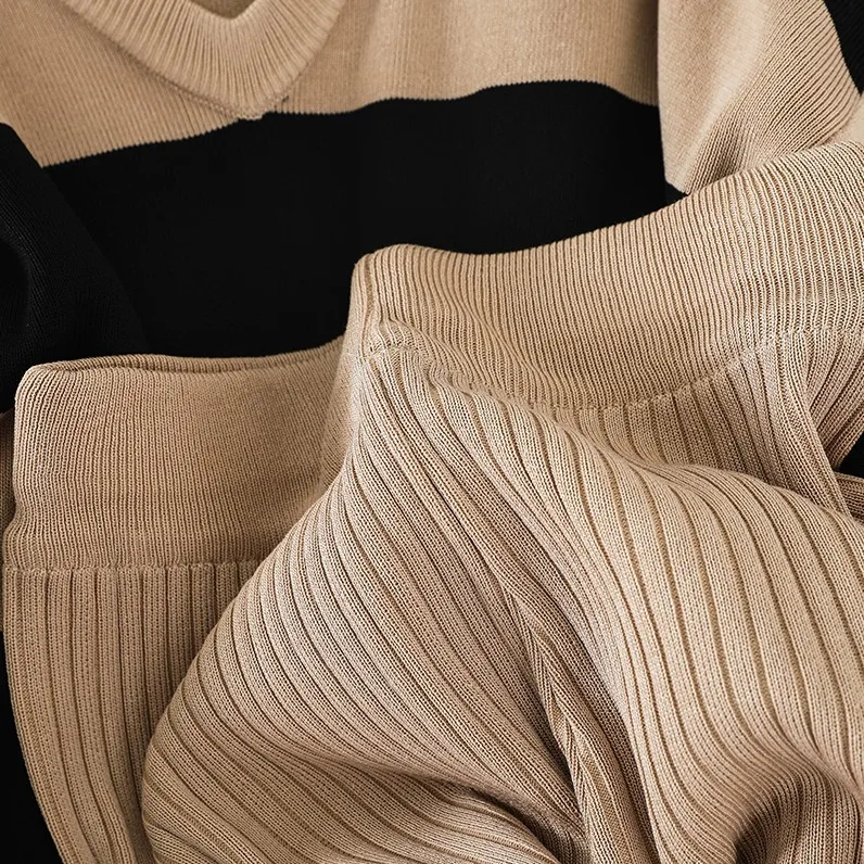 

2020 Autumn Women Two Piece Set Knitted Pullovers Sweater Halter Stripe Casual Tops + Wide Leg Long Pants Suits Tracksuits