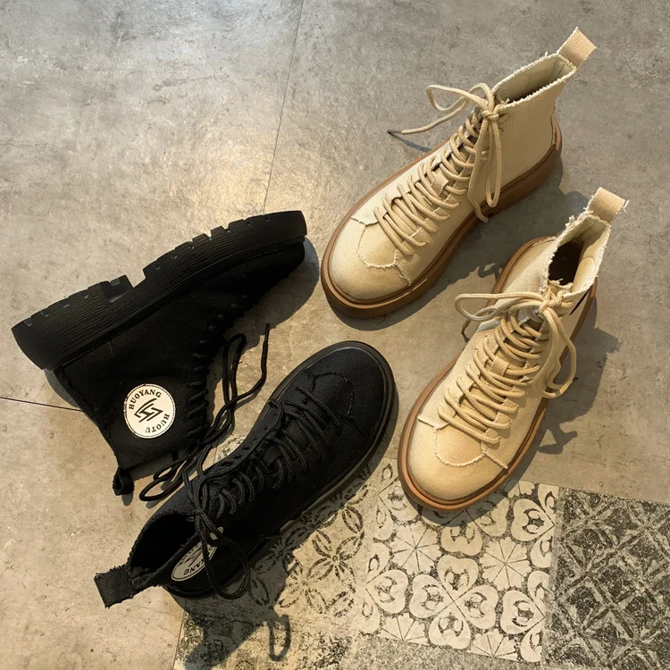 Женские парусиновые ботинки; ботильоны для женщин; Zapatos de mujer; модные однотонные Ботинки martin с круглым носком; повседневные мотоциклетные ботинки
