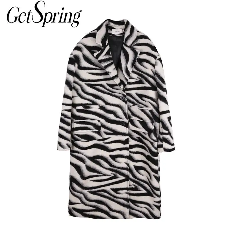 Getspring Женское шерстяное пальто винтажное зимнее с принтом зебры женское теплое