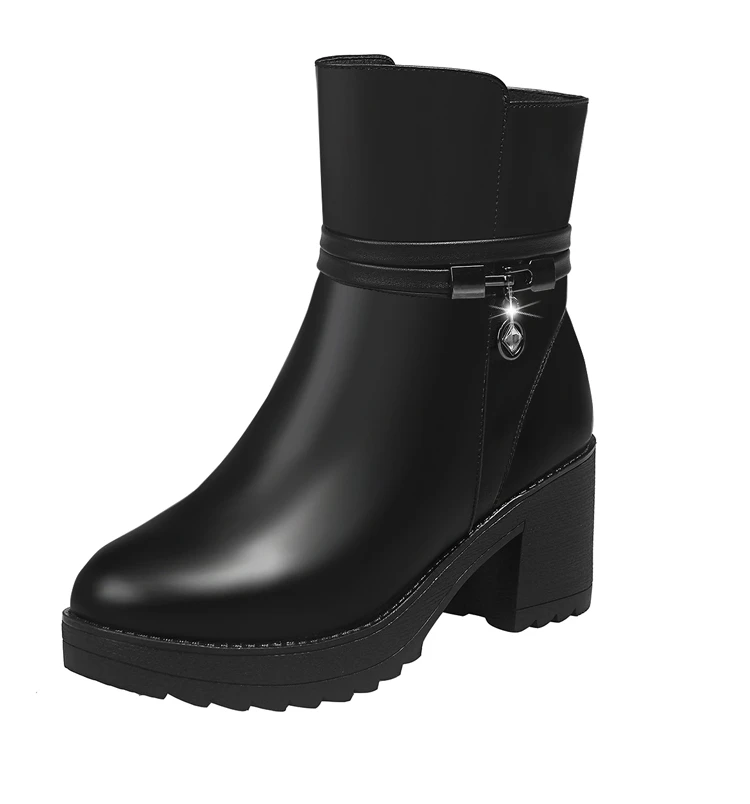 

Классические толстые теплые ботильоны, женские черные ботинки из искусственной кожи на высоком квадратном каблуке, женские зимние ботинки ...