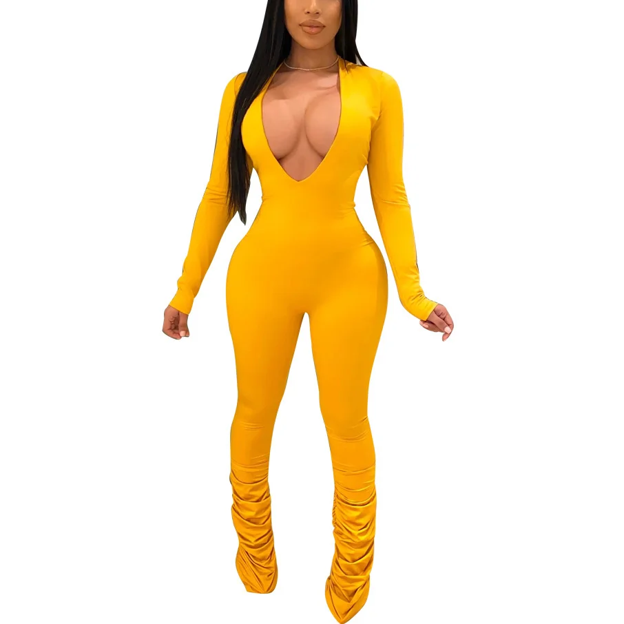 

Autumn Women Casual Set V-neck Bodycon Fitness Playsuit Solid Color Sportswear Long Sleeve Rompers Womens Sport Jumpsuit