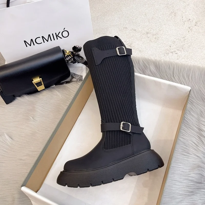 

2021 Autumn New Women's Fashion Brand New Round Toe Square Heel Boots Knee-high Boots, Round Mid-heel Comfortable Casual Boots