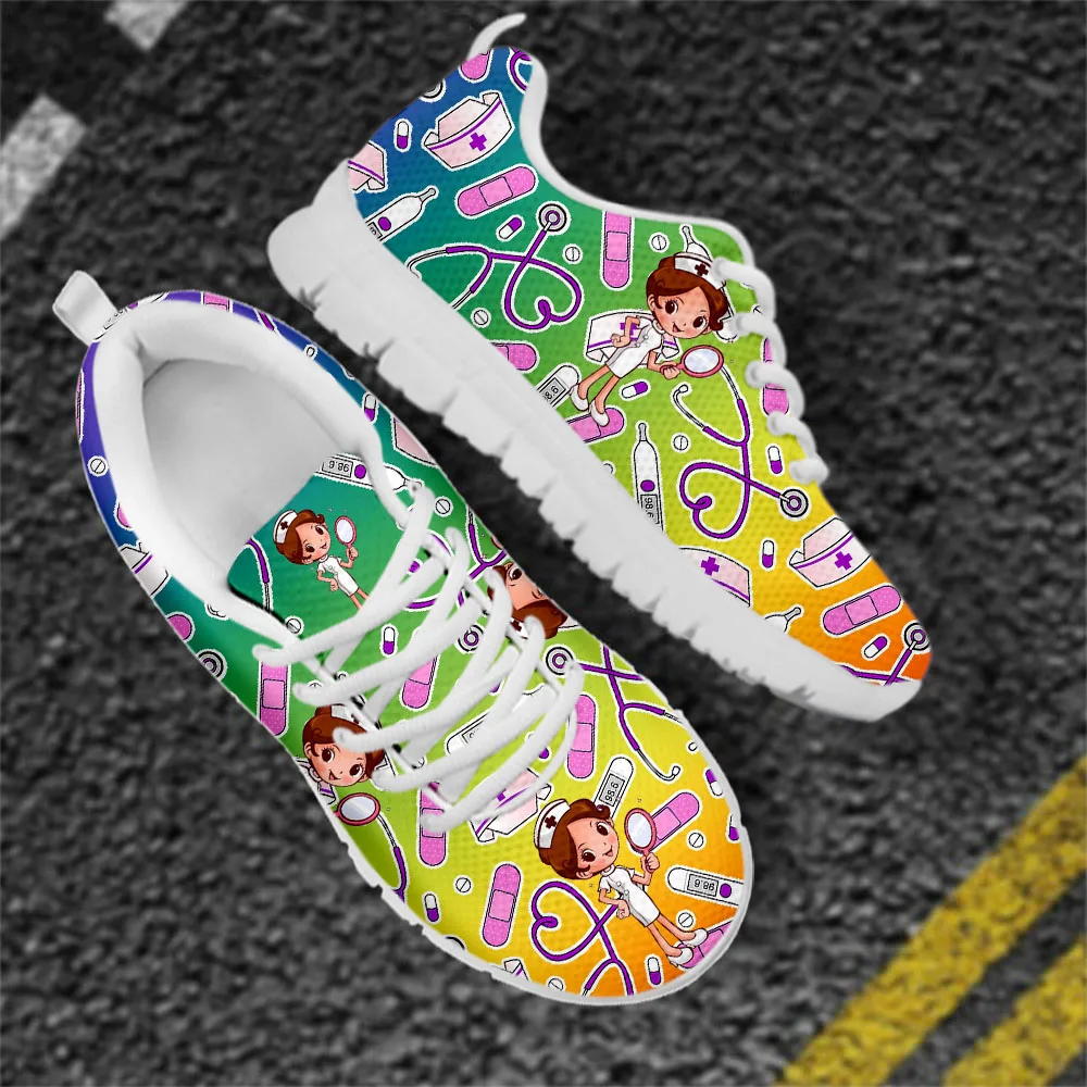 

ELVISWORDS Gradient Color Nurse Pattern Leisure Women's Flat-Shoes Stylish Lace Up Air Mesh Sneakers for Woman zapatos mujer