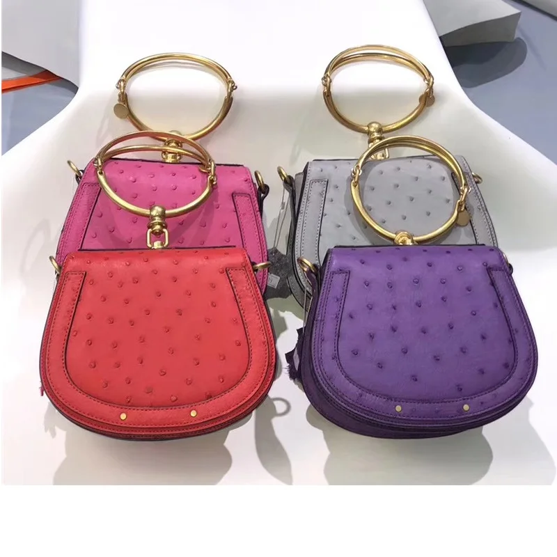 Authentic Ostrich Skin Women's Mini Gray Color Handbag Bracelet Handle Lady Saddle Purse Genuine Leather Cross Shoulder Bag | Багаж и
