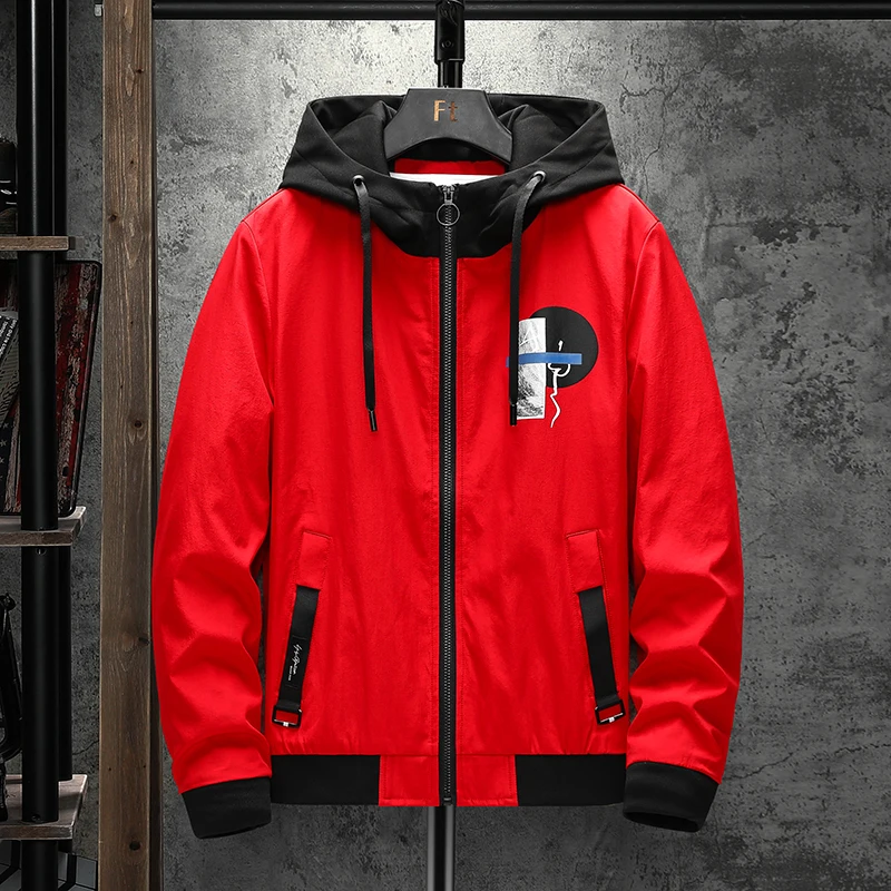 

Куртка мужская с капюшоном, модная ветровка, однотонная красная Повседневная Свободная спортивная куртка, весна 2021