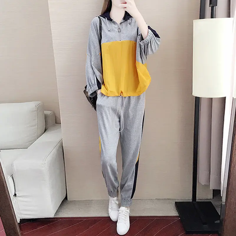 

Exercise Set Women 2021 New Spring And Autumn Female Sportswear With A Hood Patchwork Teenager Girl Sweatshirt Pant Hot Sale 039