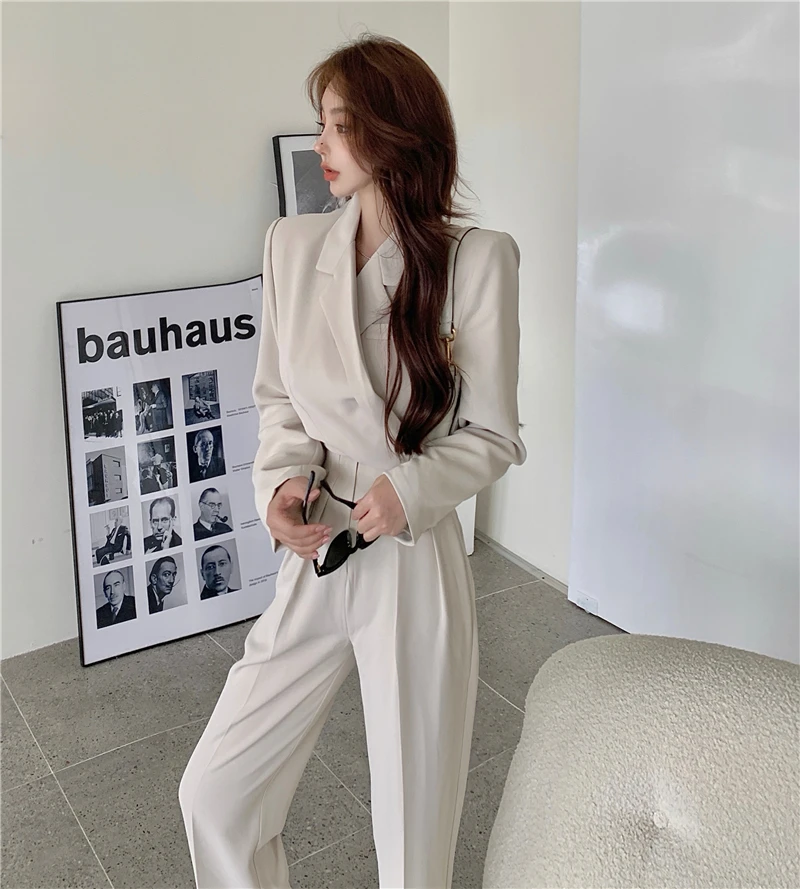 

2021 Office Lady Blazer Suits Korean Style Two Piece Set Women Long Sleeve Bandage Blazer and High Waist Suit Pant 2 Piece