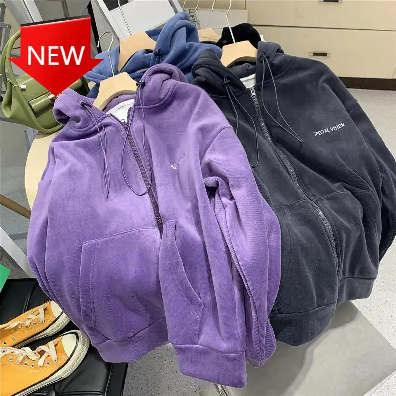 

Толстовки осенне-зимние теплые бархатные корейские свободные свитшоты на молнии с вышивкой зимние толстые Женские однотонные куртки