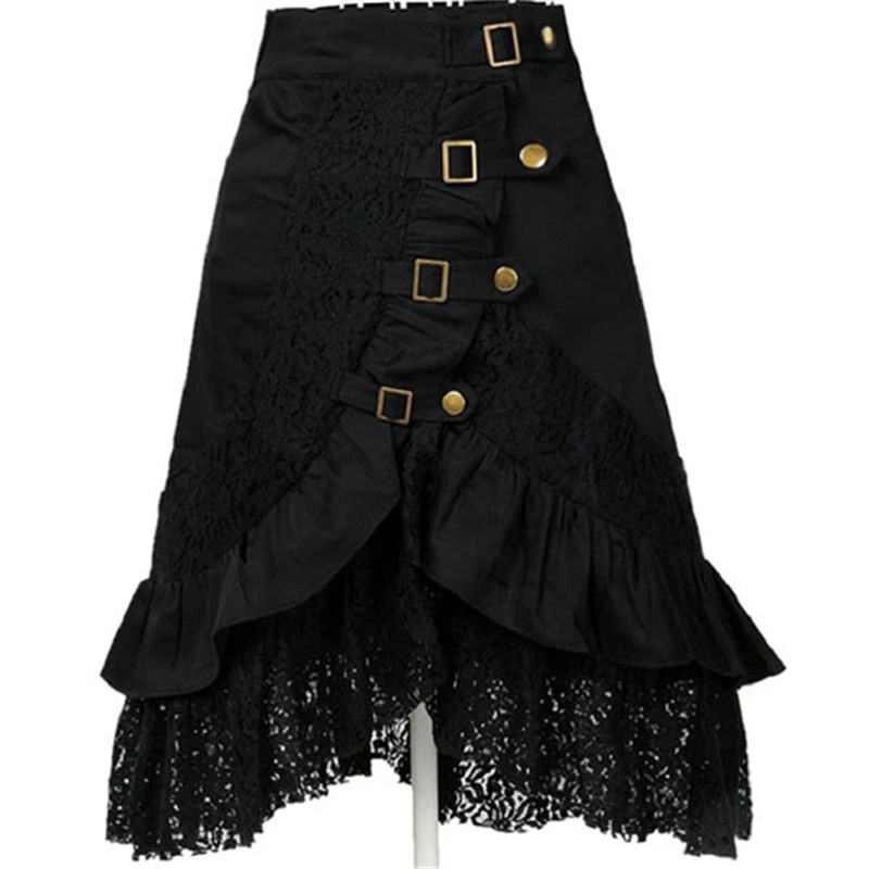 

GothGotik Gothic Black Lace Trimmed Punk Style Rock Hippie Women Skirts Music Festival Goth Party Club Streetwear Casual Spring