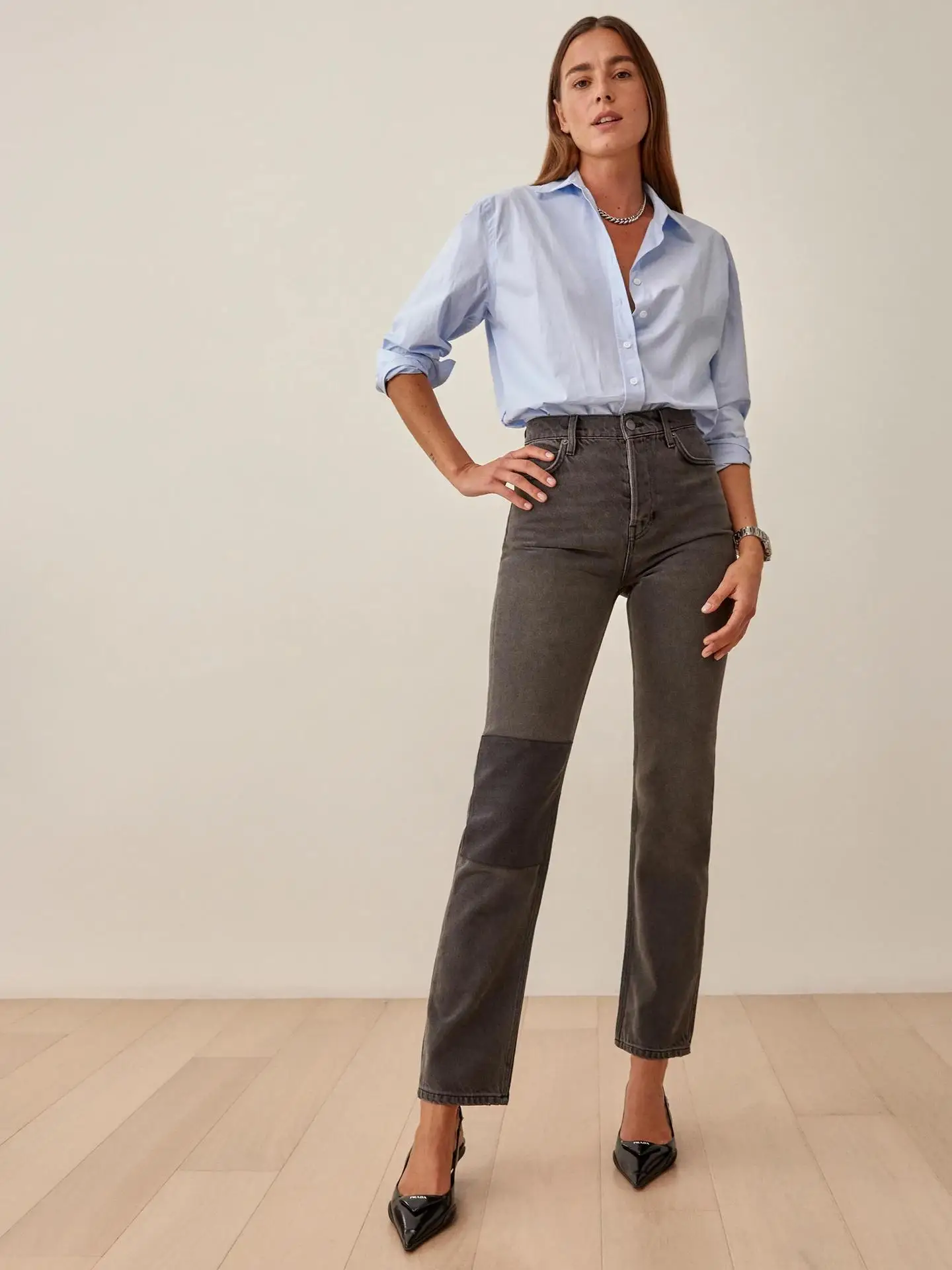 

Women's High Waist Patchwork Straight Mom Jeans Contrast Color Pants Casual Gray Ankle Length Jeans