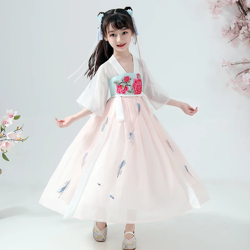 

Summer Embroidery Lace Ancient Hanfu Dance Clothes Chinese Lovely Children Perform Costumes Kids Photography Wear