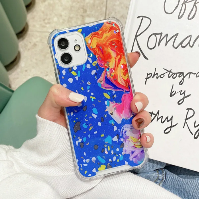 

Cute doodle Glitter Anti-fall phone Case Protective shell back cover Coque For iPhone 12 mini 11 Pro XS MAX XR X SE 2 8 7 6 Plus