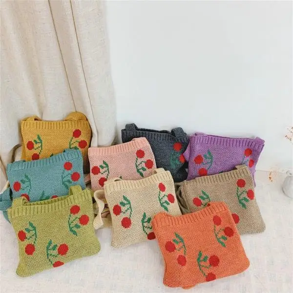 Knitting Woolen Baby Girls Shoulder Bag Winter Vintage Boy Kids Coin Purse Crossbody Bags Cute Cherry Children Small Handbags