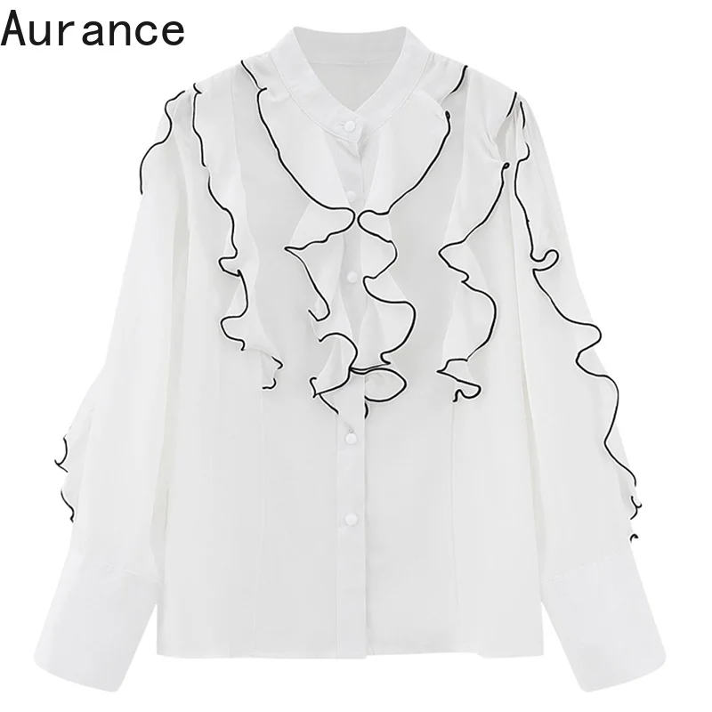 

[Aurance] Women Long Sleeve Loose White Ruffles Vintage Blouse New Stand Collar Fit Shirt Fashion Tide Spring Autumn Tops 2021