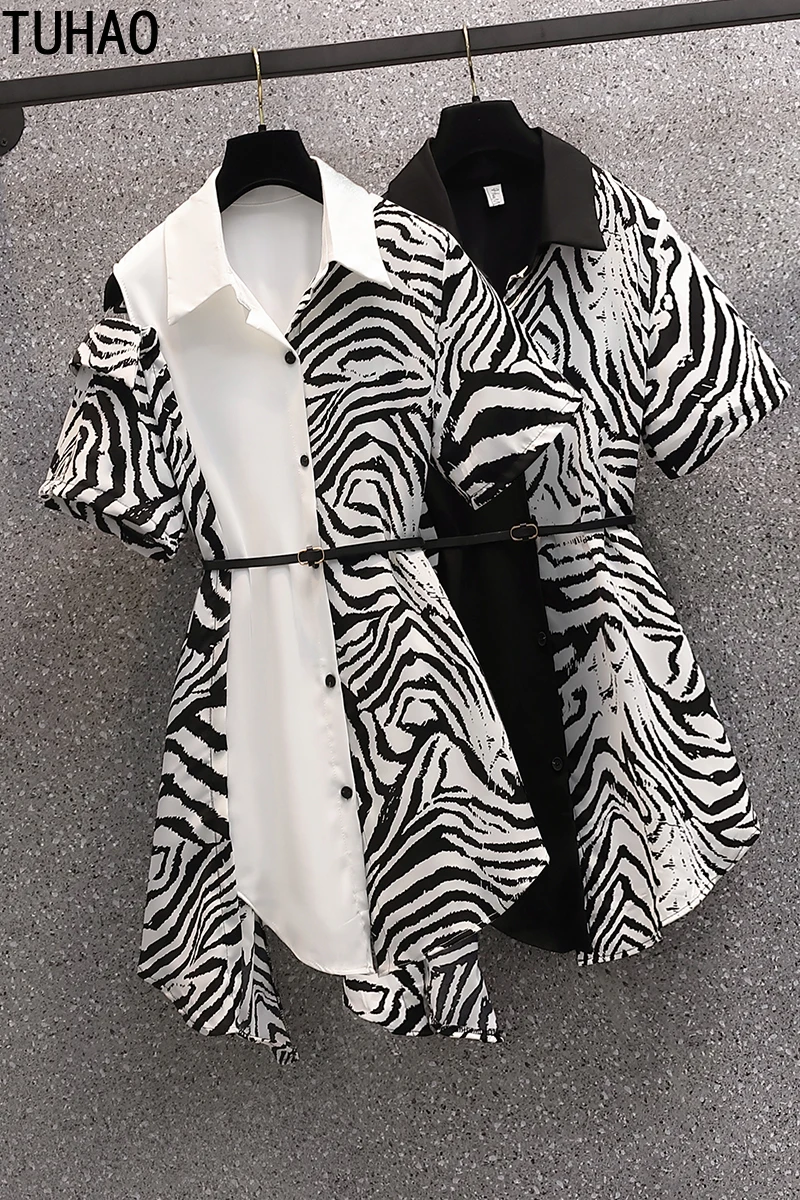 

TUHAO Zabra Stripes Print Women Office Lady Elegant Dress Plus Size 4XL 3XL Vintage Woman Dresses Patchwork Female Casual Dress