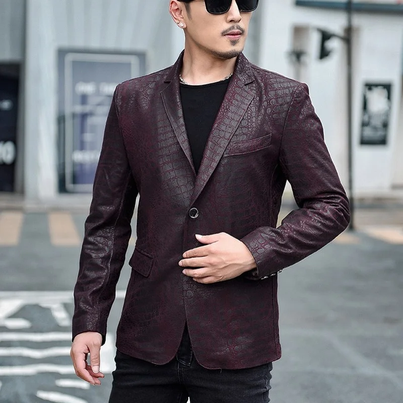 

Korean-style male jacket, short coat, slim, vintage, turtleneck turned down, single-button pockets, lambskin, fashion