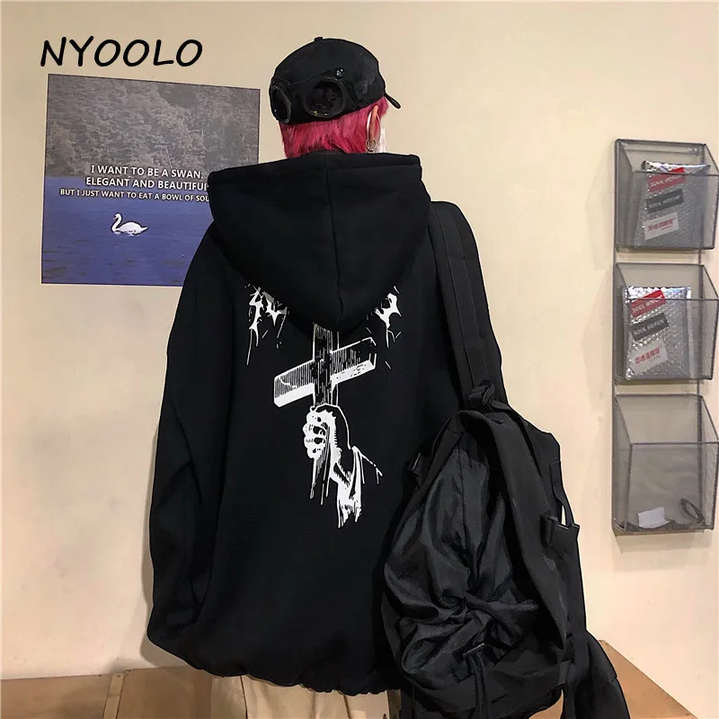 NYOOLO Harajuku street cross letters print thick warm hoodies Autumn winter long sleeve hooded pullovers Sweatshirt women men