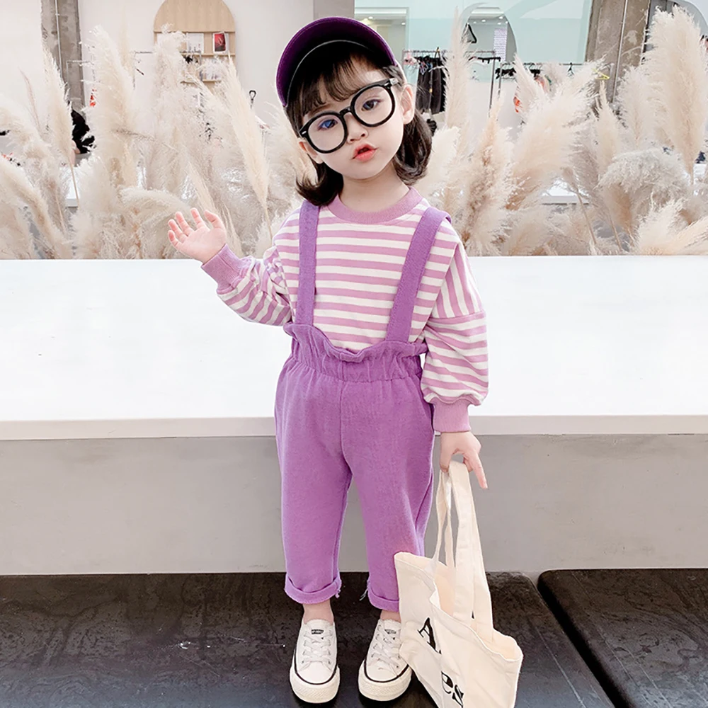 

Kids Girls Clothes Sets Spring Autumn Baby Girls Long Sleeve Striped Pullover Coats+Overalls Pants 2Pcs Children Clothing 1-6 Y