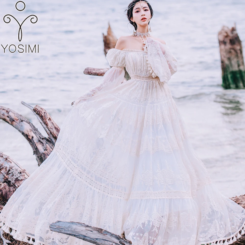 YOSIMI 2019 Summer Lace Long Women Dress Evening Party Maxi Vintage Lady White Off The Shoulder Floor-length Tassel Dress Tunic