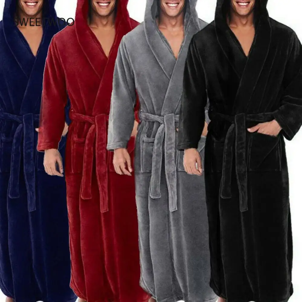 Men Soft Coral Fleece Solid Color Pockets Long Bath Robe Home Gown Sleepwear Towel Robe Winter Pajamas 2022