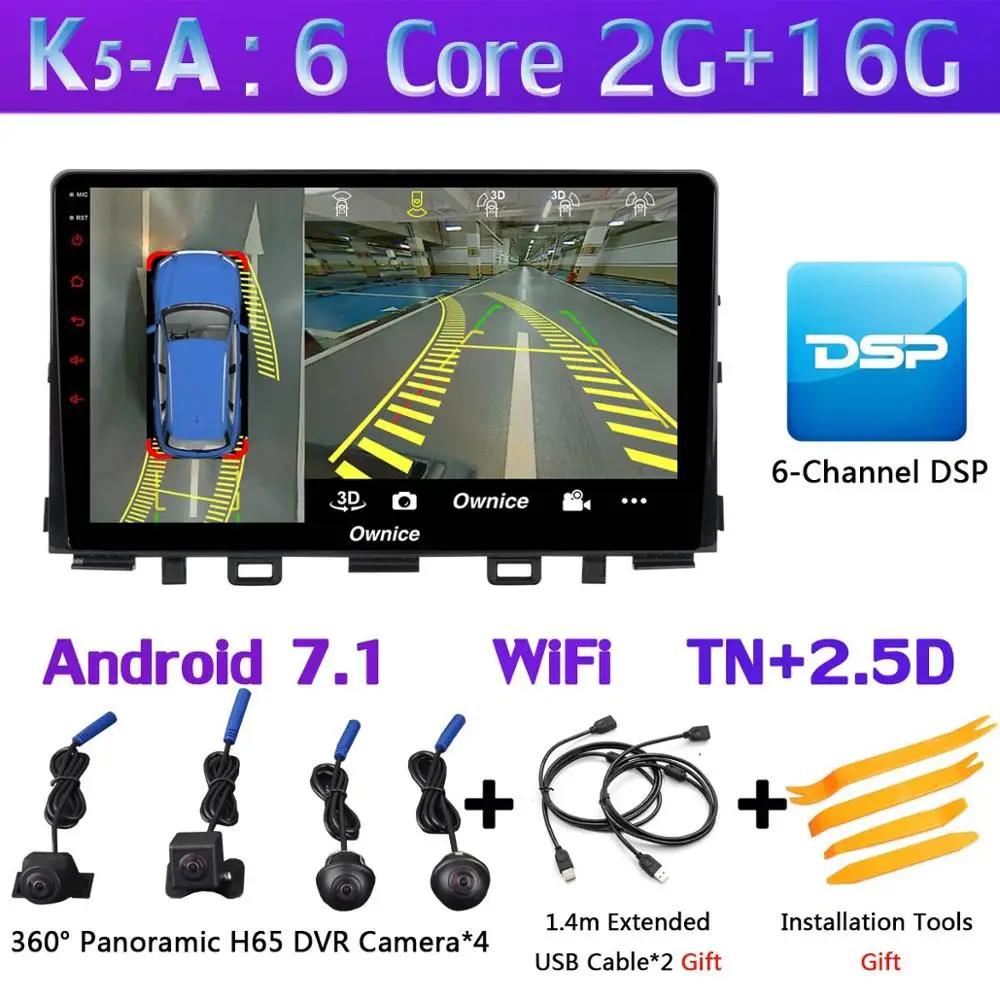 K5-A 1din 360 ° панорамный 4G SIM Wi-Fi Android 9,0 8Core 4G+ 64G DSP CarPlay автомобильный мультимидийный Навигатор Радио плеер для Kia Rio - Цвет: K5-A