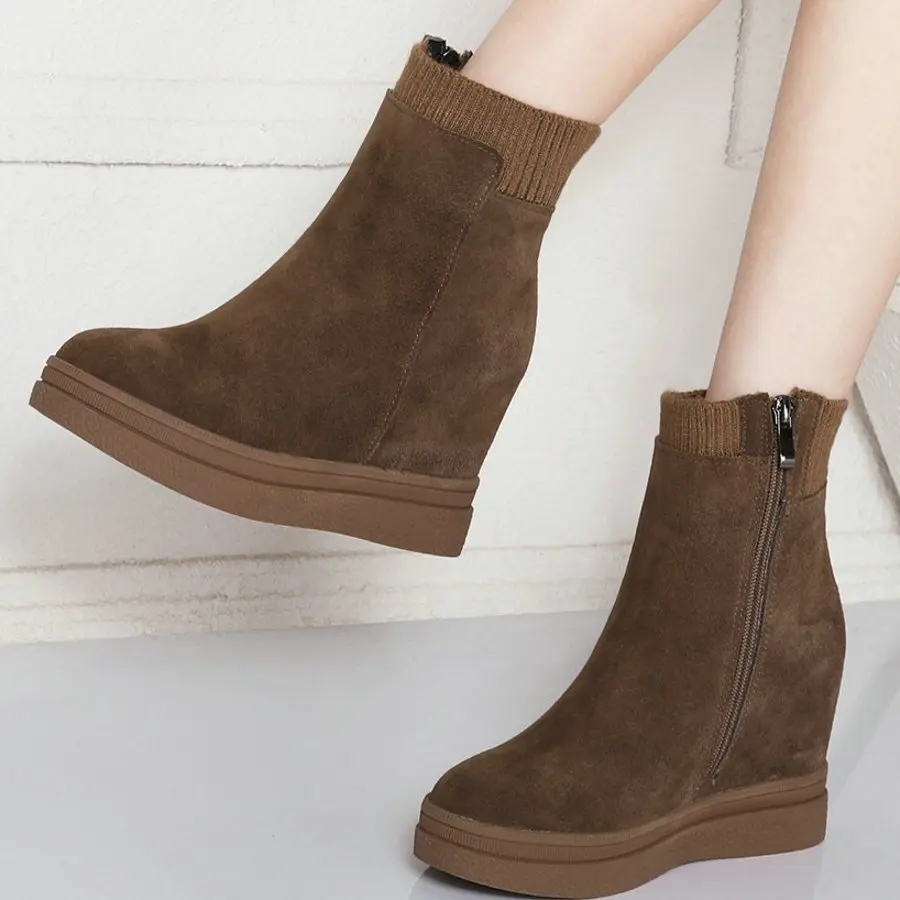 

Snow Winter Boots Women's Suede Leather Round Toe Ankle Boots Platform Wedge High Heels Zip Winter Shoes