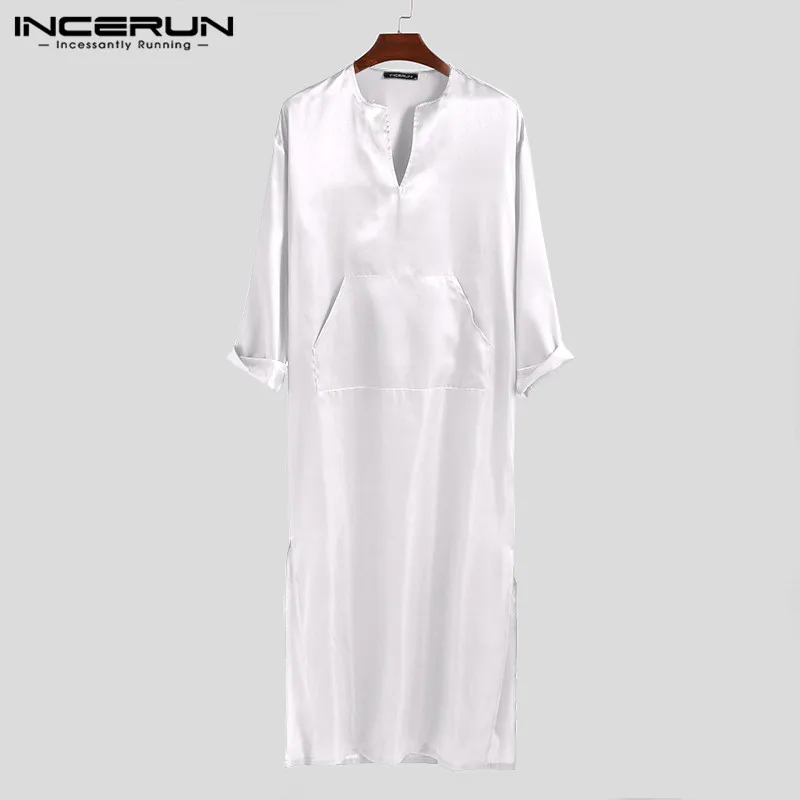 White INCERUN, брендовый халат для сна, для мужчин, сплошной цвет, шелк, атлас, мешковатые, v-образный вырез, длинный рукав, карман, сексуальная одежда для сна, домашнее, для мужчин, s, пижамы, халаты - Цвет: White