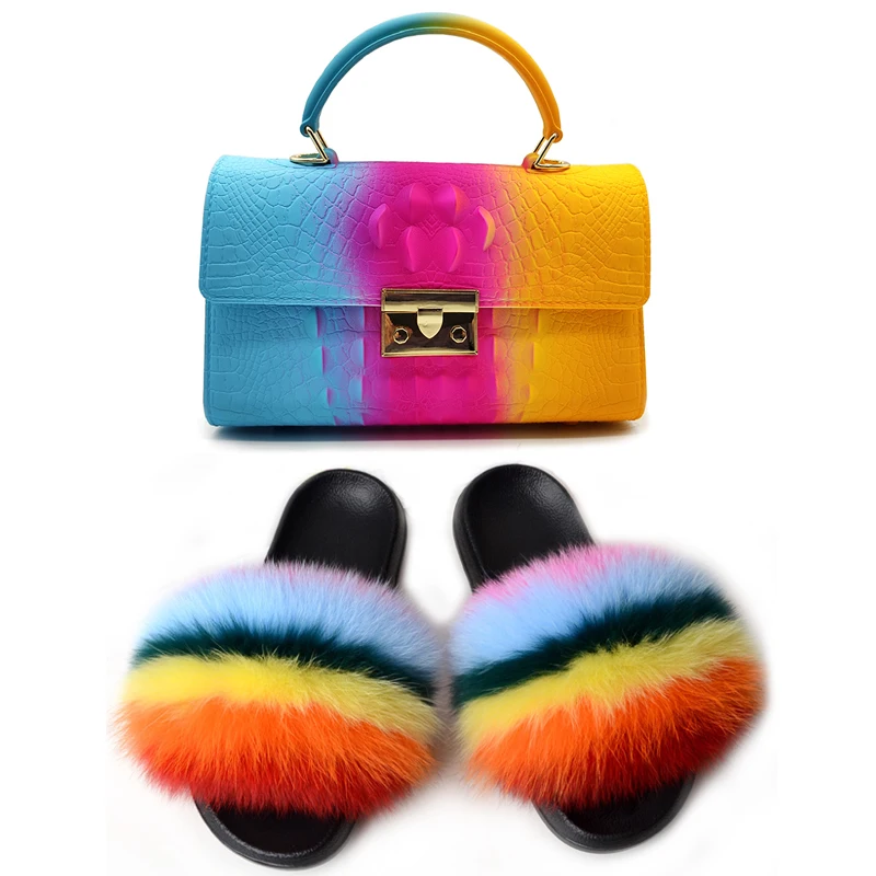 

Модные женские шлепанцы из натурального Лисьего меха с сумкой-желе, обувь для женщин, качественные Шлепанцы из ЭВА, женский набор из Искусст...