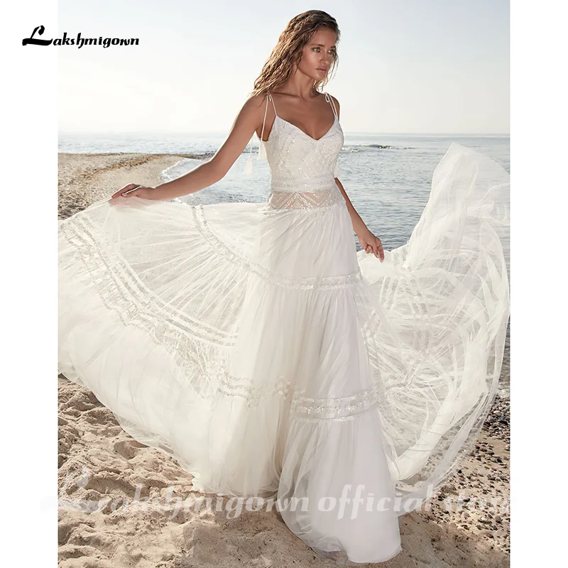 

Lakshmigown Spaghetti Straps Wedding Dresses Princess V Neck Appliques Beach Boho Sleeveless Wedding Gowns Abiti da Sposa