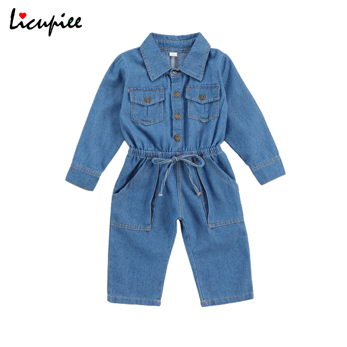 

Kids Rompers Autumn New Blue Solid Button Pockets Long Sleeve Overalls Cargo Pants Toddler Baby Boy Girl Denim Romper 2-7 Years