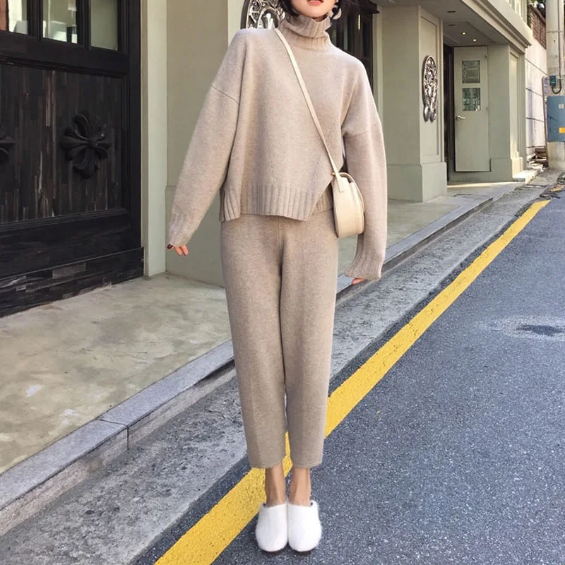 

Oversized Women's Knitted Set Solid Turtleneck Split Hem Knitting Pullover Sweaters Ankle-Length Wide Leg Pants Autumn Winter