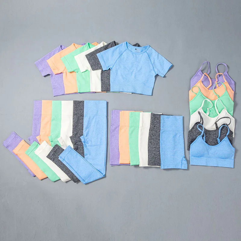 

6 Colors Women Seamless Yoga Set Short Sleeve Crop Top High Waist Sport Leggings Active Wear Gym Suit Workout Clothes For Women