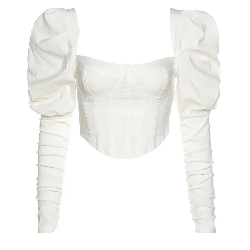 

GVUW Female Pleated Personality Blouse Square Collar Puff Sleeve Loose Lady Shirt Fashion Tide Spring Autumn 2021 New 20D1369