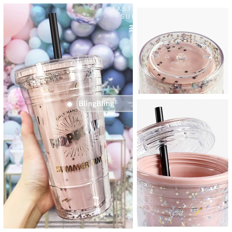 Розовые двухслойные пластиковые стаканы с крышками и трубочкой без БФА питьевая