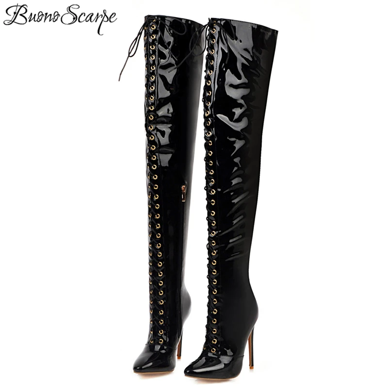Buono/пикантные высокие сапоги до бедра с завязками Женские на высоком каблуке