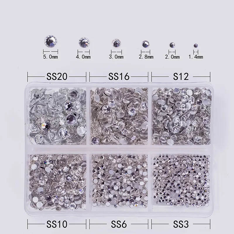 Clear Новинка 1 коробка 1688 шт многоразмерные стеклянные 3D Стразы для ногтей DIY блестящие стразы 1,4 мм-5,0 мм очаровательные камни для дизайна ногтей украшения - Цвет: Clear