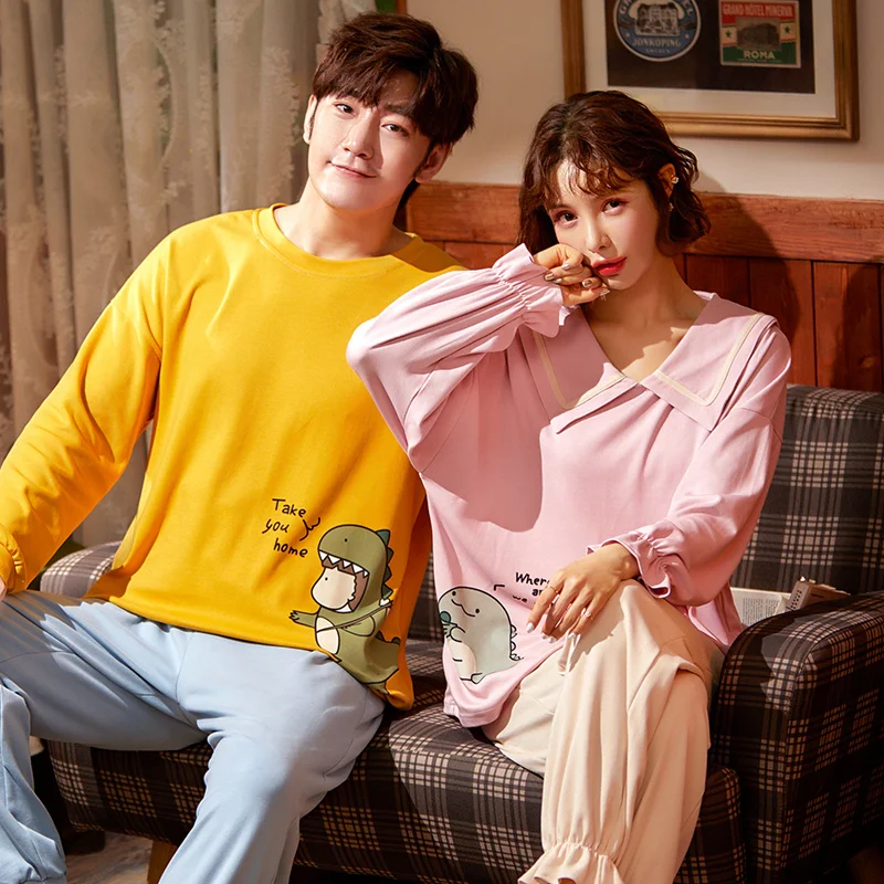 Новинка осенне-зимние хлопковые Пижамные комплекты для пар брюки с круглым