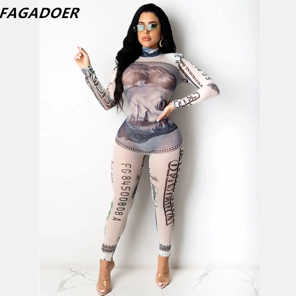 FAGADOER Dollar Print Bodycon Jumpsuit New Women Long Sleeve Playsuit Fashion Vintage Mesh Transparent Romper Night Club Clothes