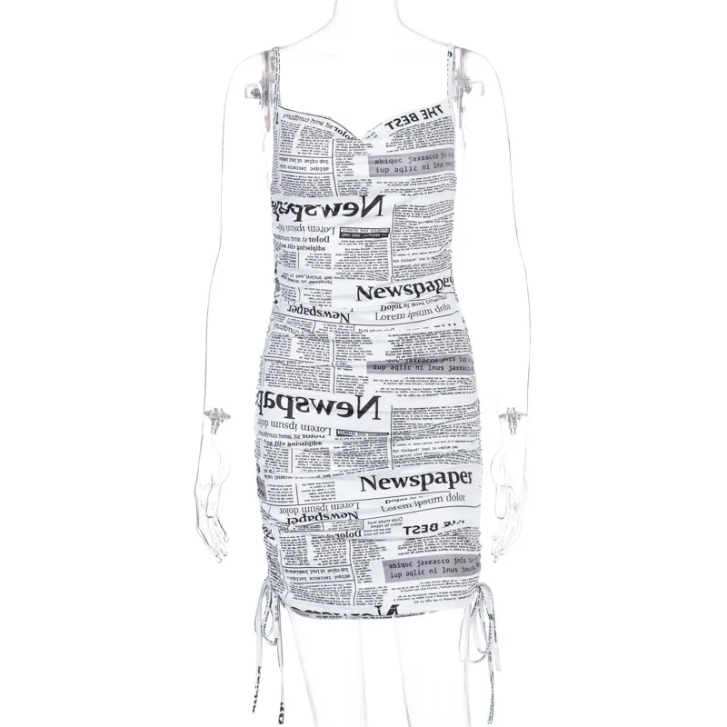 Женское облегающее мини-платье с принтом газет Y2k на шнуровке без рукавов