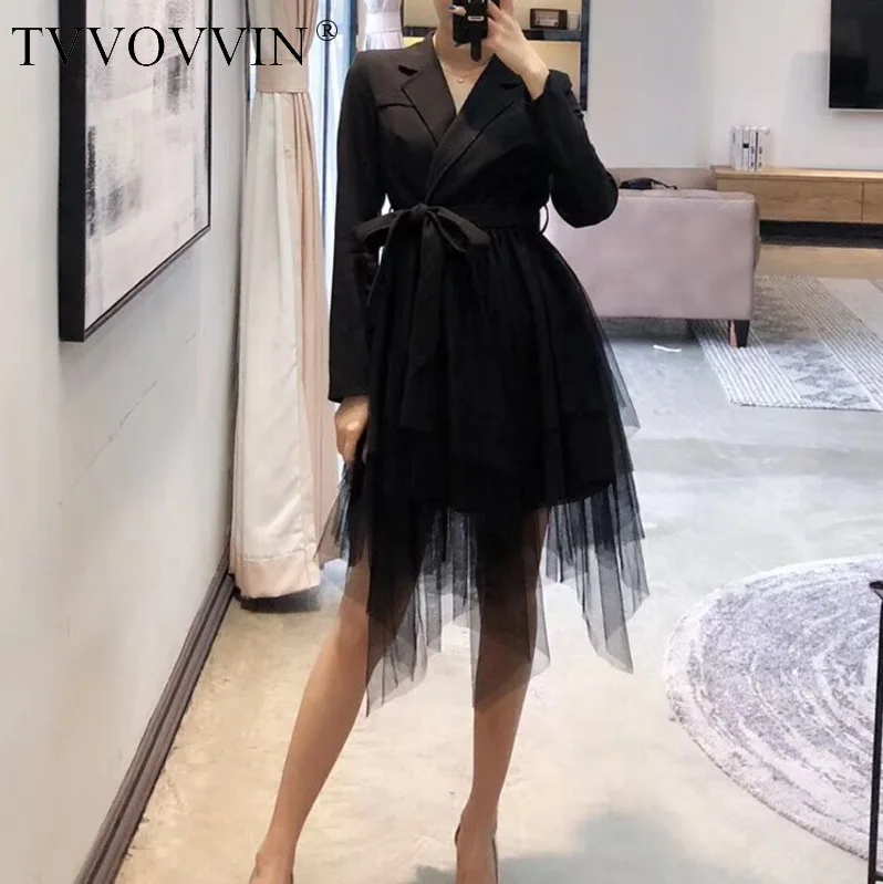 TVVOVVIN новая весенняя и летняя модная женская одежда с отложным воротником и длинными рукавами, Сетчатое лоскутное сексуальное платье V044
