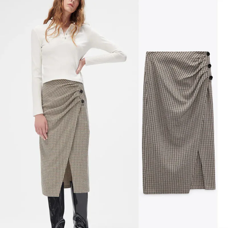 

Женская Осенняя клетчатая юбка-миди Za, элегантная офисная юбка-карандаш с высокой талией, разрезом и боковыми пуговицами, 2021