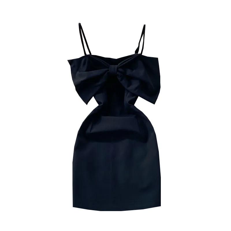 

COIGARSAM Office Lady Solid Women dress New Summer Cute French Style Backless Suspenders Hollow Out Dresses White Black 2551
