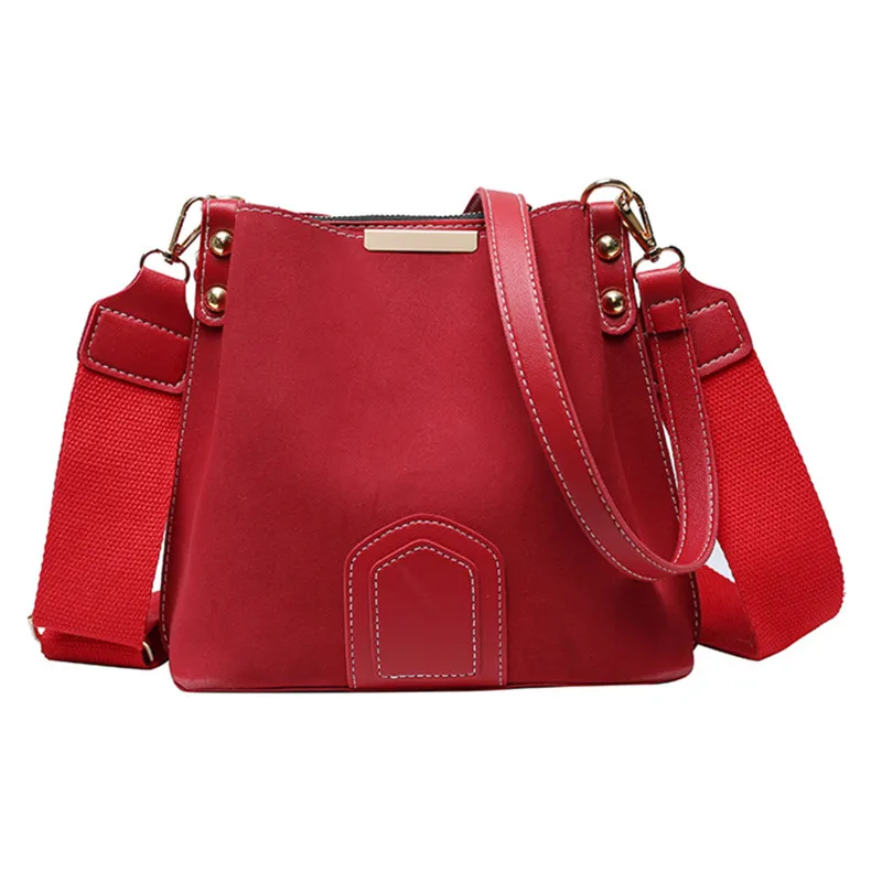 

2021 New Trend Red Frosted PU Leather Women's Bucket Bag Retro Handbag Shoulder Bag Wide Shoulder Strap Women's Crossbody Bag