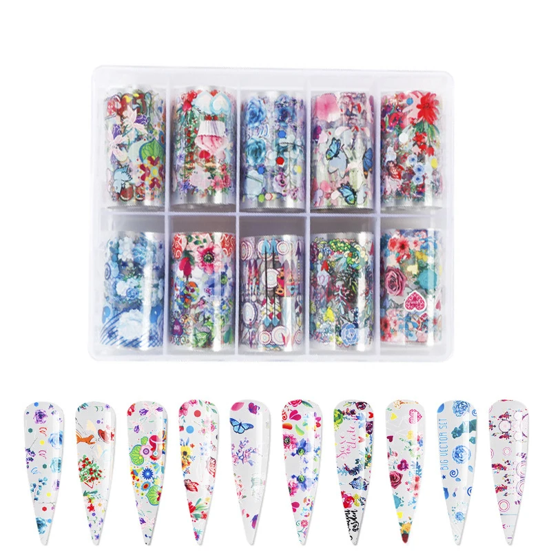 

10Rolls/Box Nails Art Foils Transfer Sticker Camouflage/Starry Sky/Flower/Flame Design Nail Slider Decals Paper Wraps 4*100cm